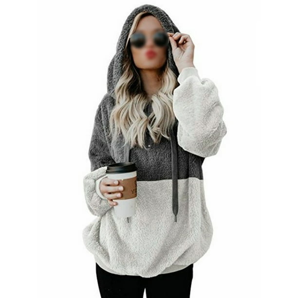 Plus Size Women Warm Fluffy Sweater Top Hoodie Sweatshirt Hooded Pullover Jumper
